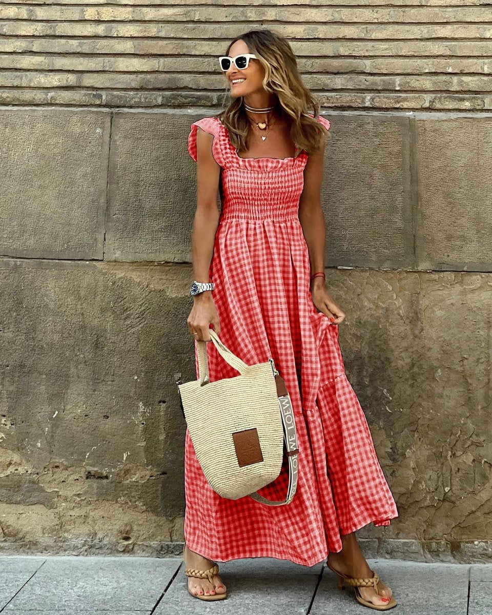 Womens Maxi Dress Gingham Smocked Waist Ruffle Sleeve - Red