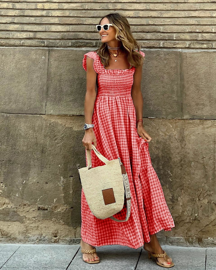 Womens Maxi Dress Gingham Smocked Waist Ruffle Sleeve - Red