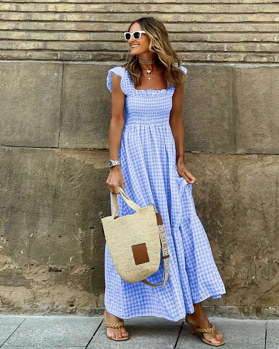 Womens Maxi Dress Gingham Smocked Waist Ruffle Sleeve - Blue