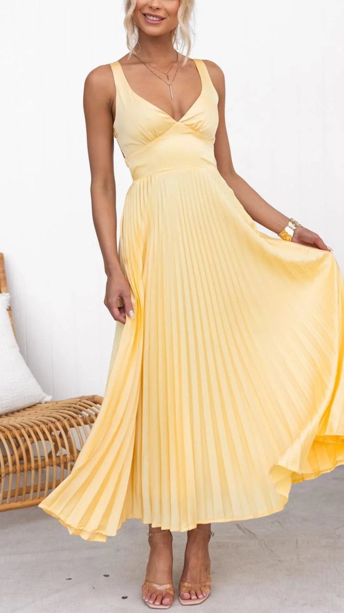 Womens Maxi Dress Pleated V-Neck Sleeveless Flared Gown - Yellow