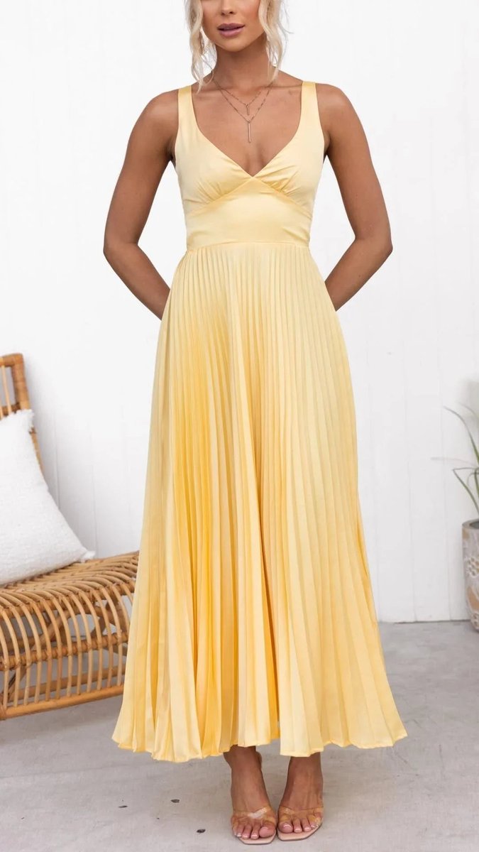 Womens Maxi Dress Pleated V-Neck Sleeveless Flared Gown