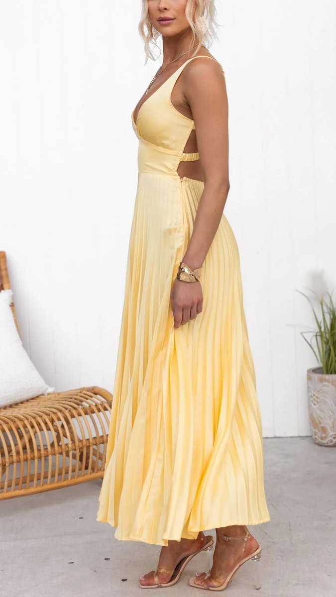 Womens Maxi Dress Pleated V-Neck Sleeveless Flared Gown