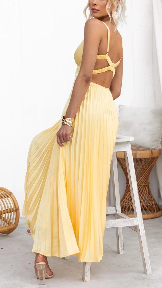Womens Maxi Dress Pleated V-Neck Sleeveless Flared Gown