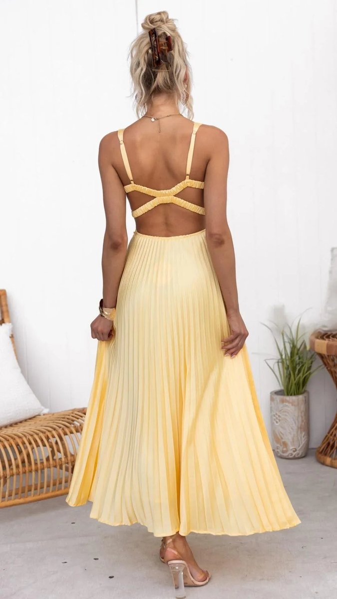 Womens Maxi Dress Pleated V-Neck Sleeveless Flared Gown