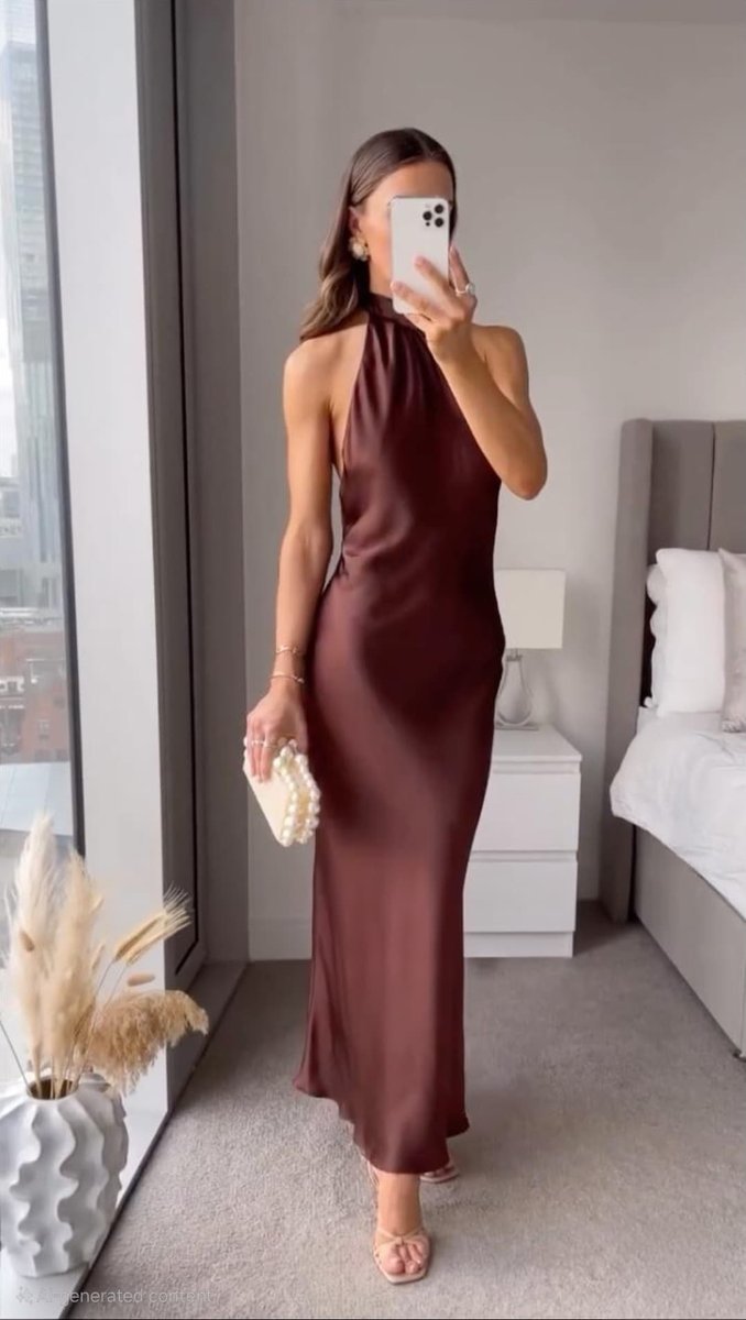Womens Maxi Dress Satin Halter Neck Sleeveless Slip Gown - Brown