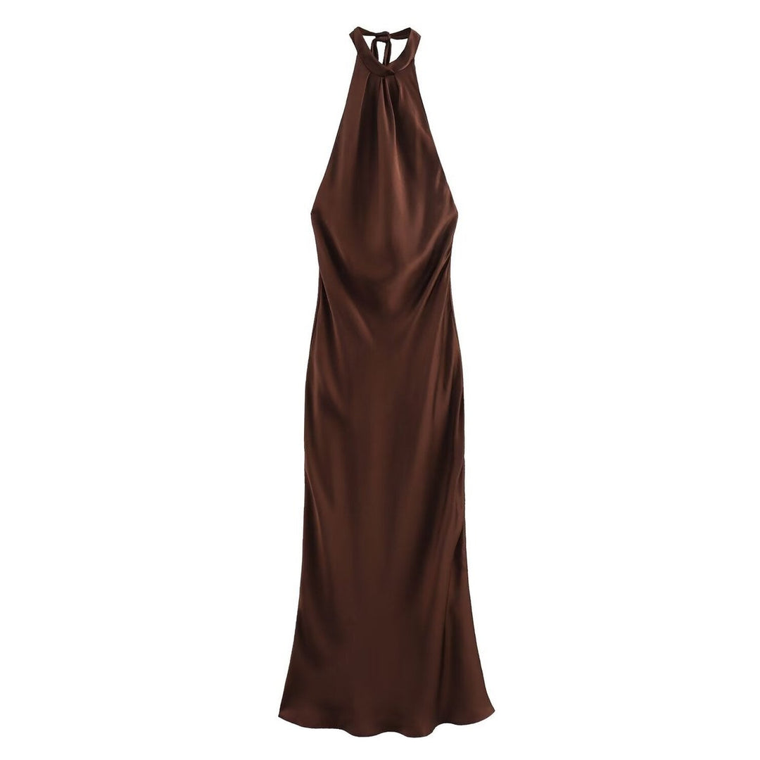 Womens Maxi Dress Satin Halter Neck Sleeveless Slip Gown