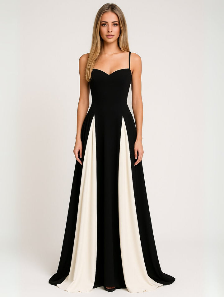 Womens Maxi Dress Sweetheart Contrast Panel Floor-Length Gown - Black
