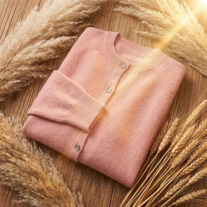 Women's Merino Wool Long Sleeve Cardigan Jumper Classic Fit - Pink
