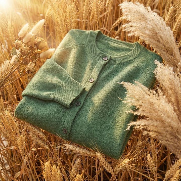 Women's Merino Wool Long Sleeve Cardigan Jumper Classic Fit - Green