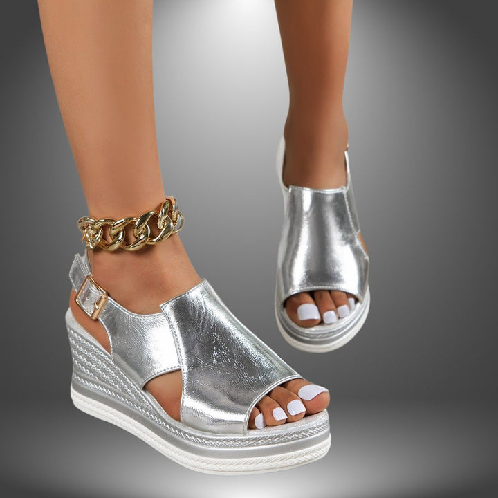 Women's Metallic Silver Open-Toe Platform Wedge Sandals