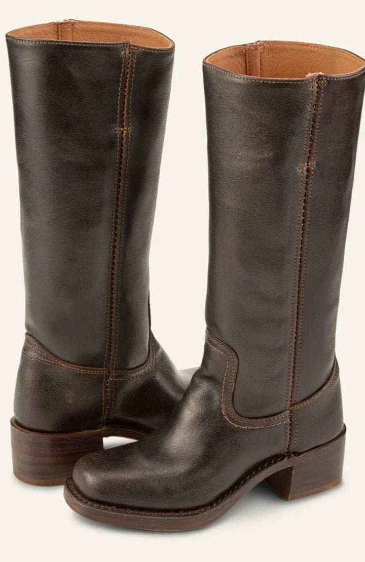 Women's Mid-Calf Stacked-Heel Classic Western Boots - Dark Brown