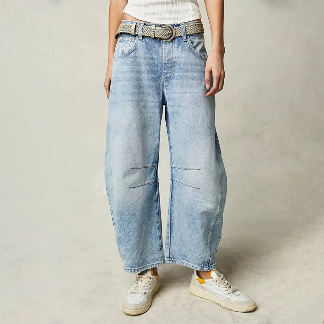 Women's Mid-Rise Cropped Barrel-Leg Heavyweight Denim Jeans - Light Blue