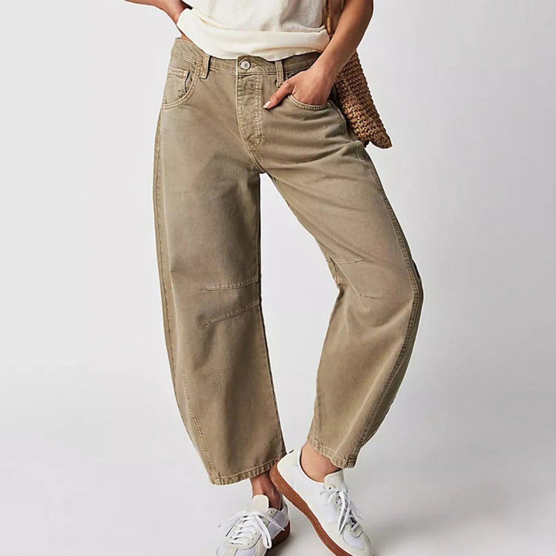 Women's Mid-Rise Cropped Barrel-Leg Heavyweight Denim Jeans - Khaki