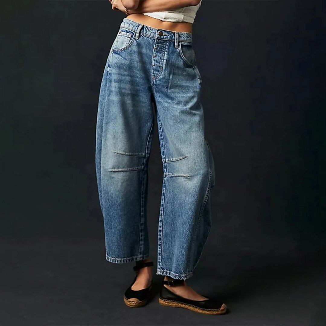 Women's Mid-Rise Cropped Barrel-Leg Heavyweight Denim Jeans - Dark Blue