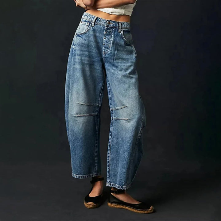Women's Mid-Rise Cropped Barrel-Leg Heavyweight Denim Jeans - Dark Blue