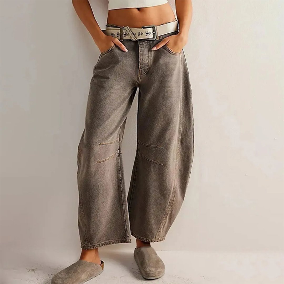 Women's Mid-Rise Cropped Barrel-Leg Heavyweight Denim Jeans - Taupe
