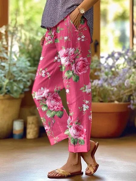 Women's Mid-Waist Loose-Fit Floral Print Casual Trousers - Rose Pink