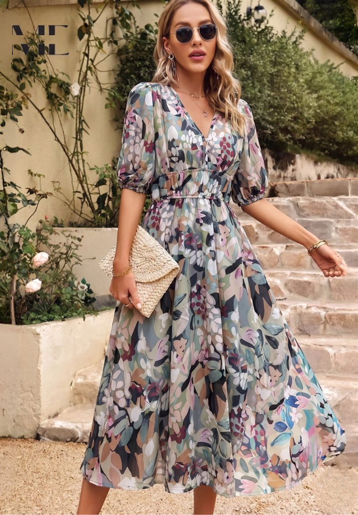 Womens Midi Dress Floral Print V-Neck Puff Sleeve A-Line - Floral