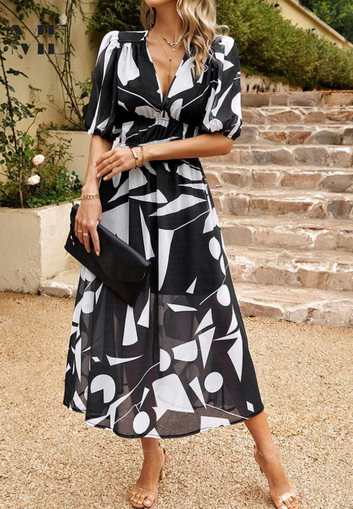 Womens Midi Dress Floral Print V-Neck Puff Sleeve A-Line