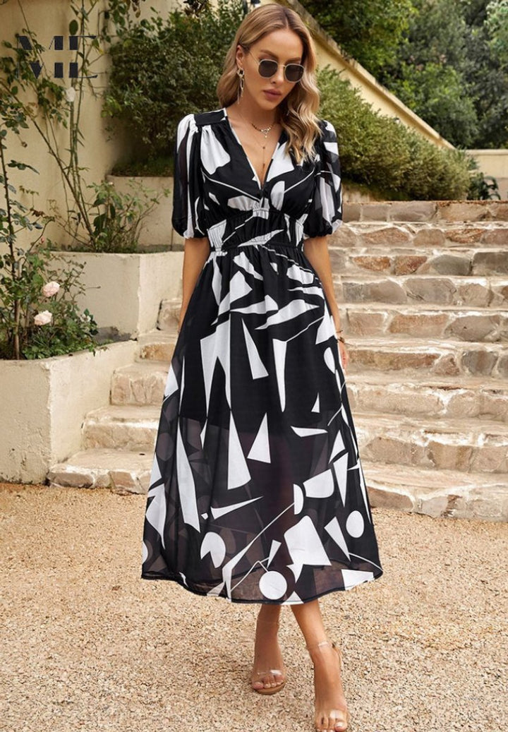 Womens Midi Dress Floral Print V-Neck Puff Sleeve A-Line - Black