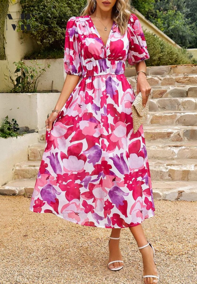 Womens Midi Dress Floral Print V-Neck Puff Sleeve A-Line