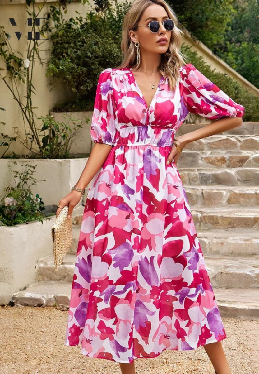 Womens Midi Dress Floral Print V-Neck Puff Sleeve A-Line - Pink