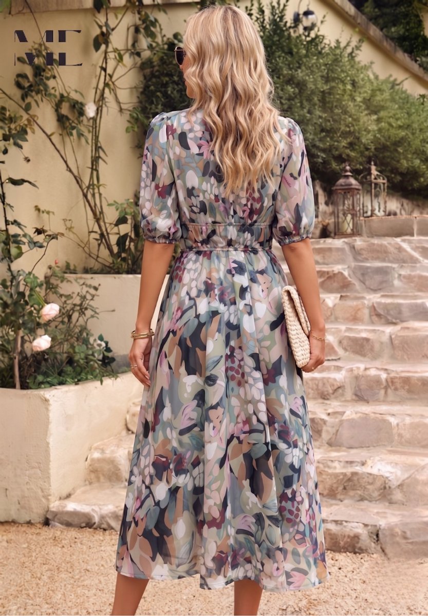 Womens Midi Dress Floral Print V-Neck Puff Sleeve A-Line