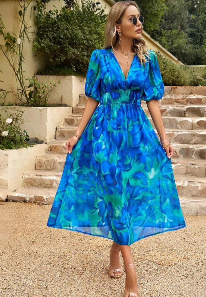 Womens Midi Dress Floral Print V-Neck Puff Sleeve A-Line