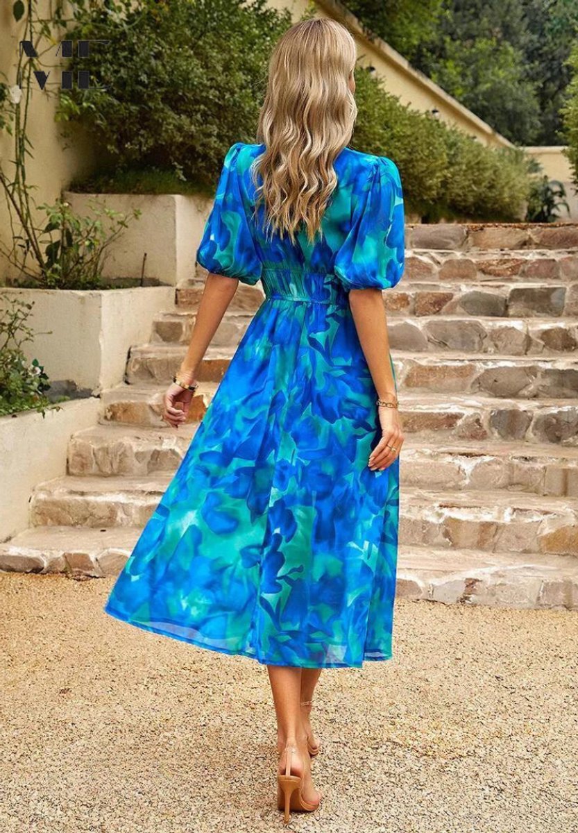 Womens Midi Dress Floral Print V-Neck Puff Sleeve A-Line