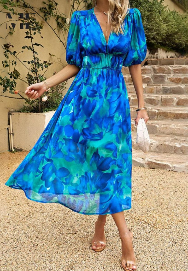 Womens Midi Dress Floral Print V-Neck Puff Sleeve A-Line