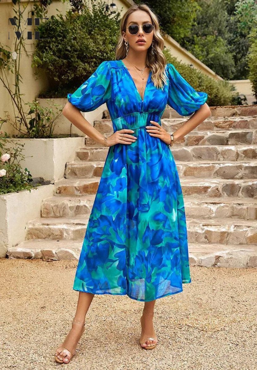 Womens Midi Dress Floral Print V-Neck Puff Sleeve A-Line - Blue