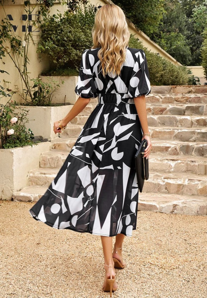 Womens Midi Dress Floral Print V-Neck Puff Sleeve A-Line