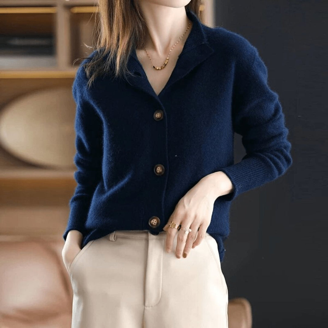 Women's Mock-Neck Button-Front Cashmere Blend Cardigan - Dark Blue