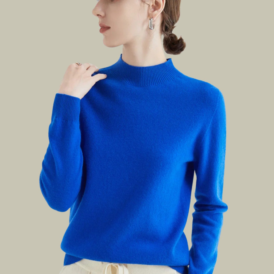 Women's Mock Neck Relaxed Fit Merino Wool Sweaters - Blue
