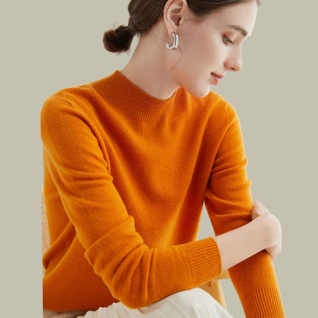 Women's Mock Neck Relaxed Fit Merino Wool Sweaters - Pumpkin