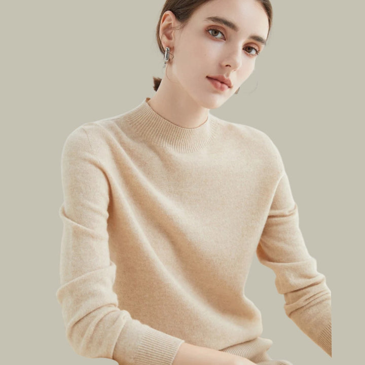 Women's Mock Neck Relaxed Fit Merino Wool Sweaters - Beige