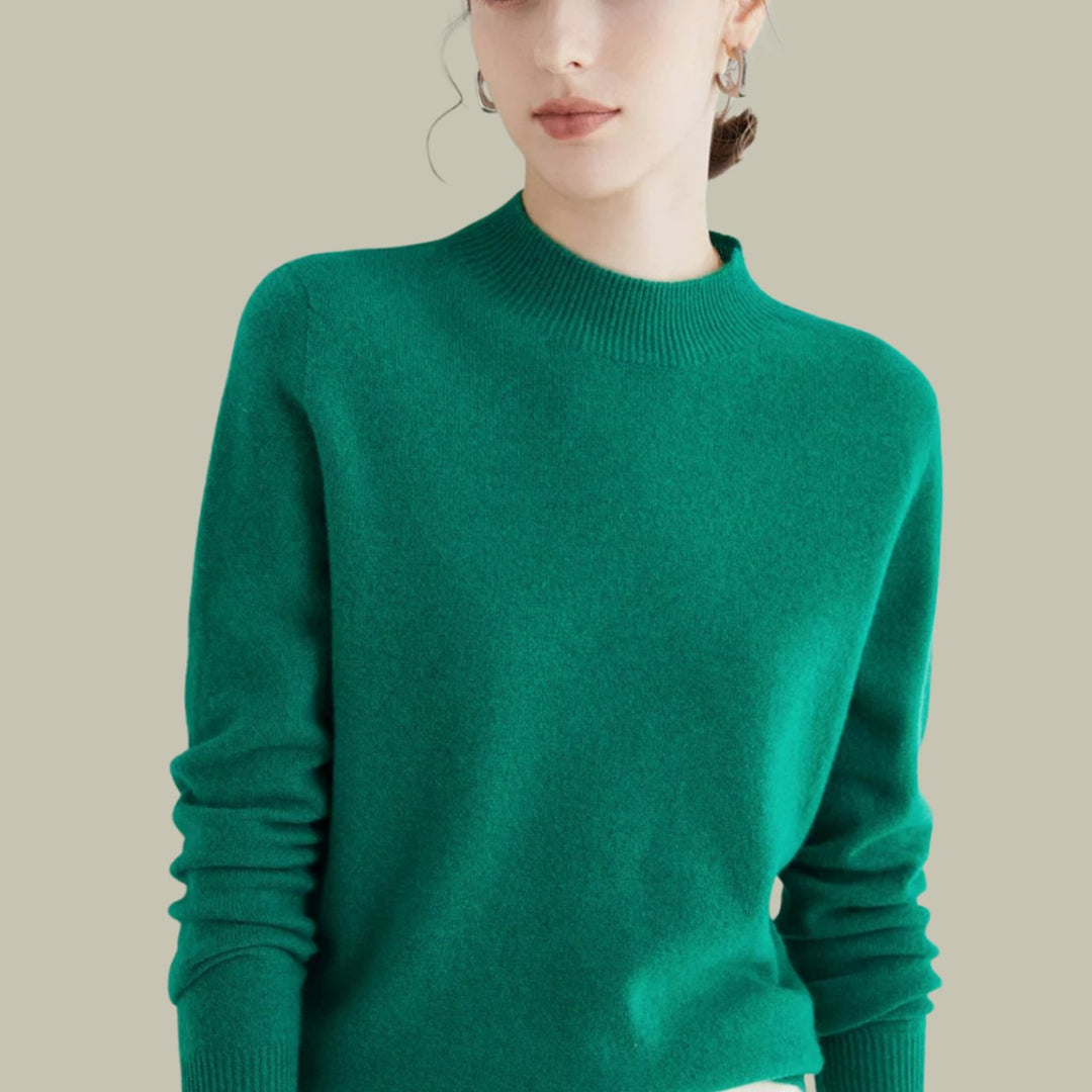 Women's Mock Neck Relaxed Fit Merino Wool Sweaters - Jacquard Green
