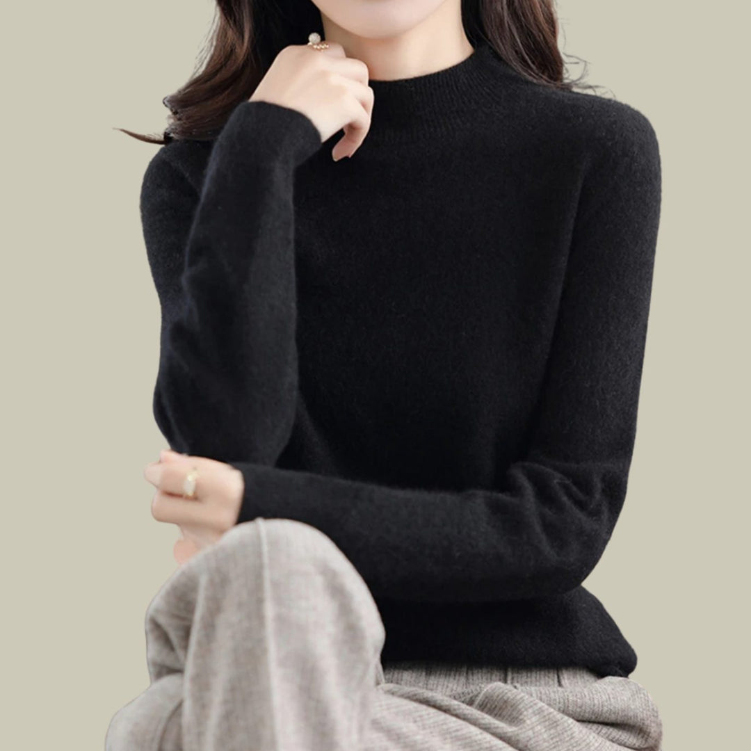 Women's Mock Neck Relaxed Fit Merino Wool Sweaters - Black