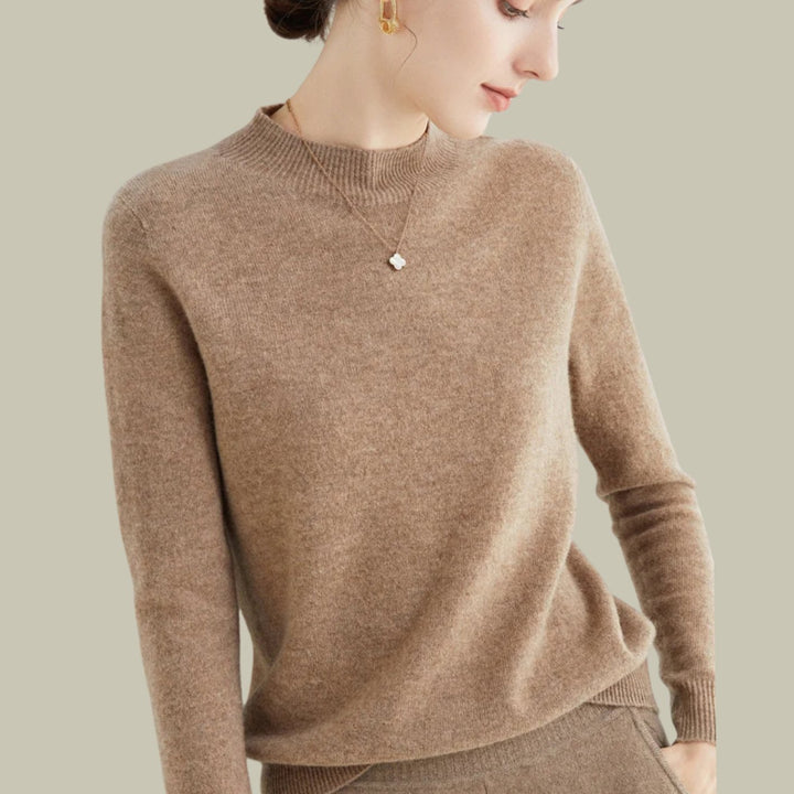 Women's Mock Neck Relaxed Fit Merino Wool Sweaters - Light Tan