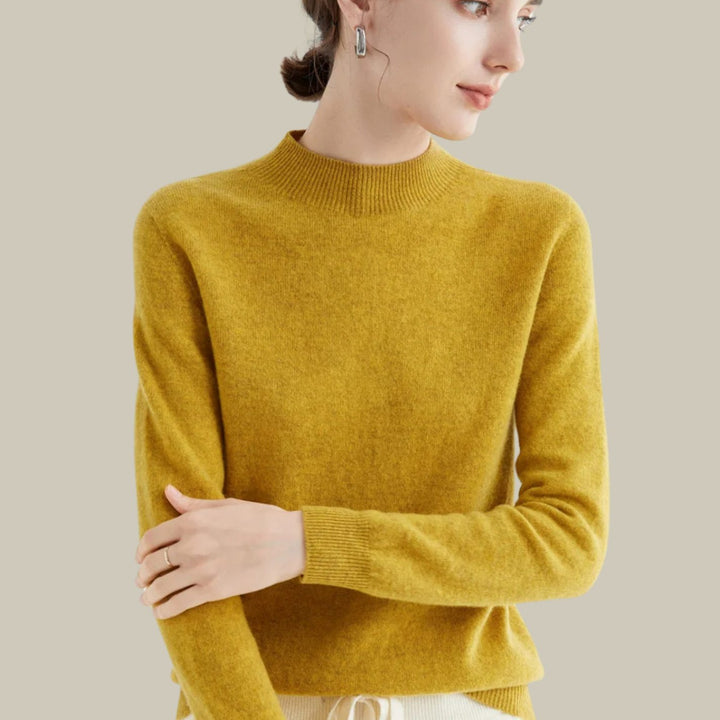 Women's Mock Neck Relaxed Fit Merino Wool Sweaters - Mustard Yellow