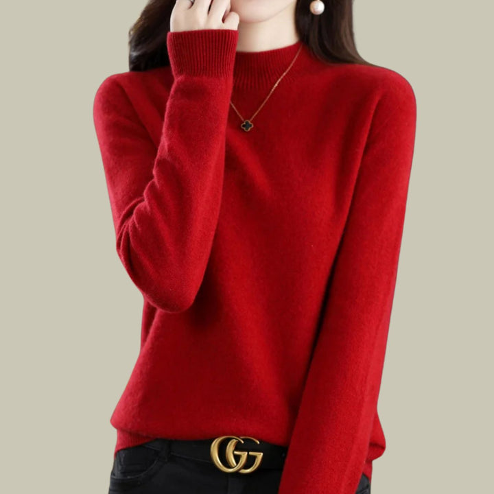 Women's Mock Neck Relaxed Fit Merino Wool Sweaters - Wine Red