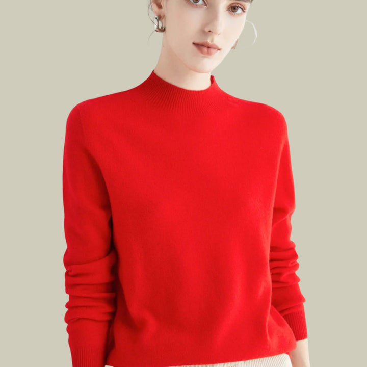 Women's Mock Neck Relaxed Fit Merino Wool Sweaters - Red