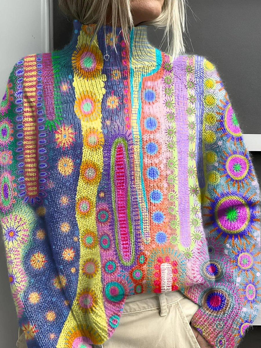 Women's Multicolour Abstract Knit Turtleneck Sweater