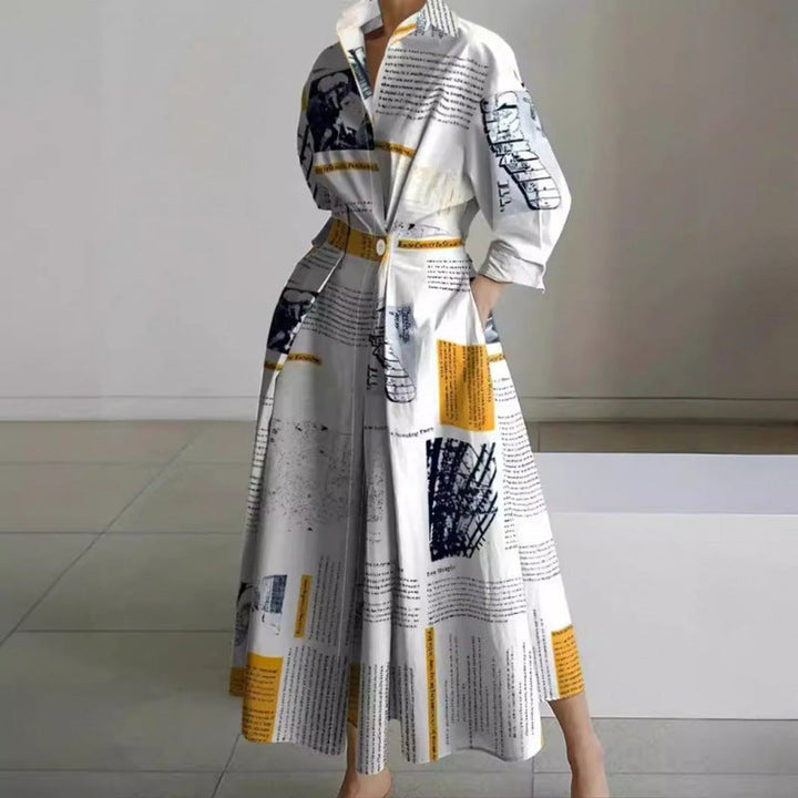 Women's Newspaper Print Collared Wrap Maxi Dress