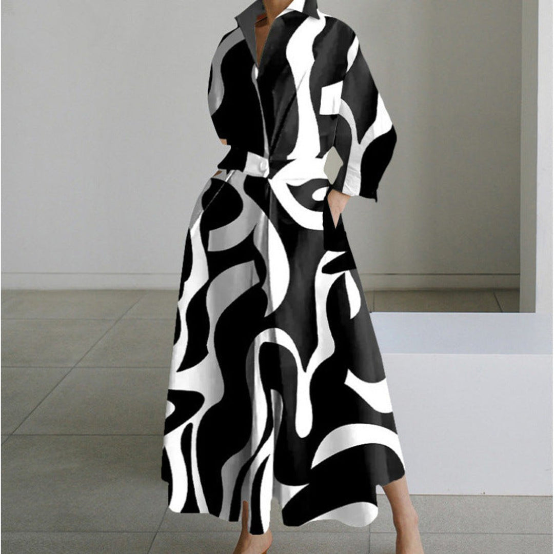 Women's Newspaper Print Collared Wrap Maxi Dress - Black Stripe