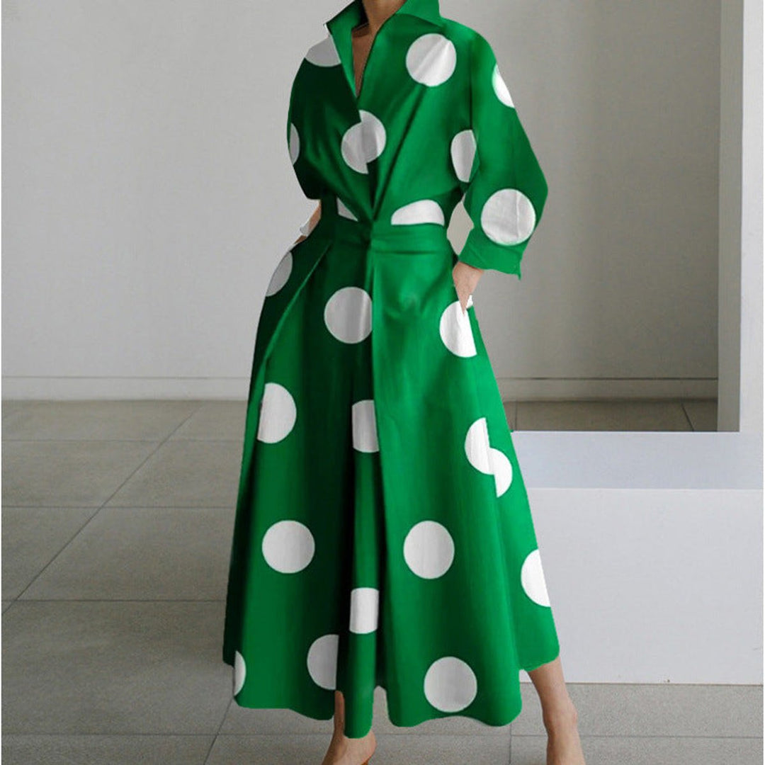 Women's Newspaper Print Collared Wrap Maxi Dress - Green Polka Dot