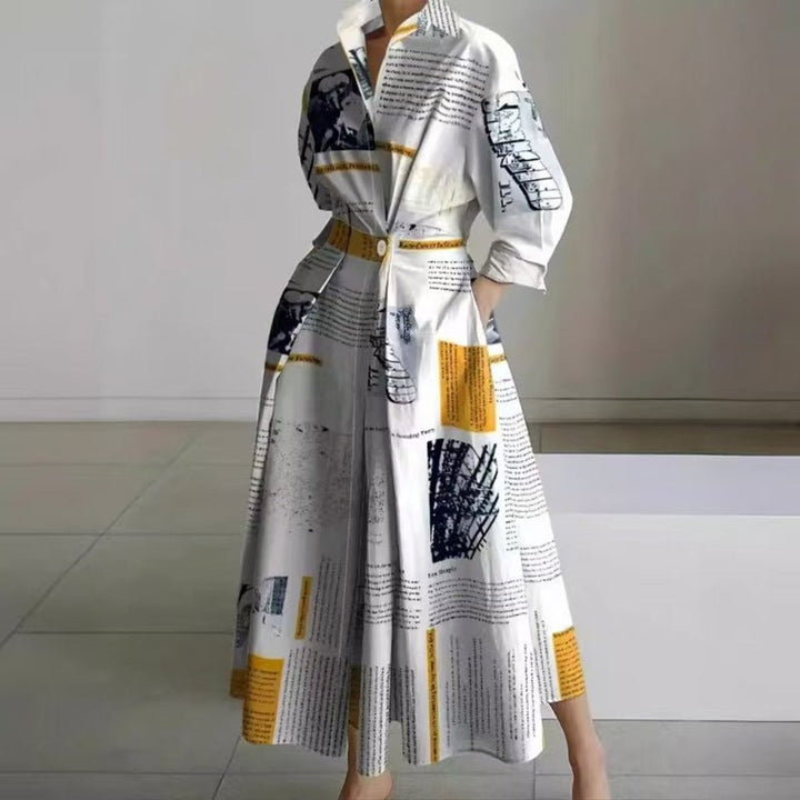 Women's Newspaper Print Collared Wrap Maxi Dress - Yellow Newspaper Print