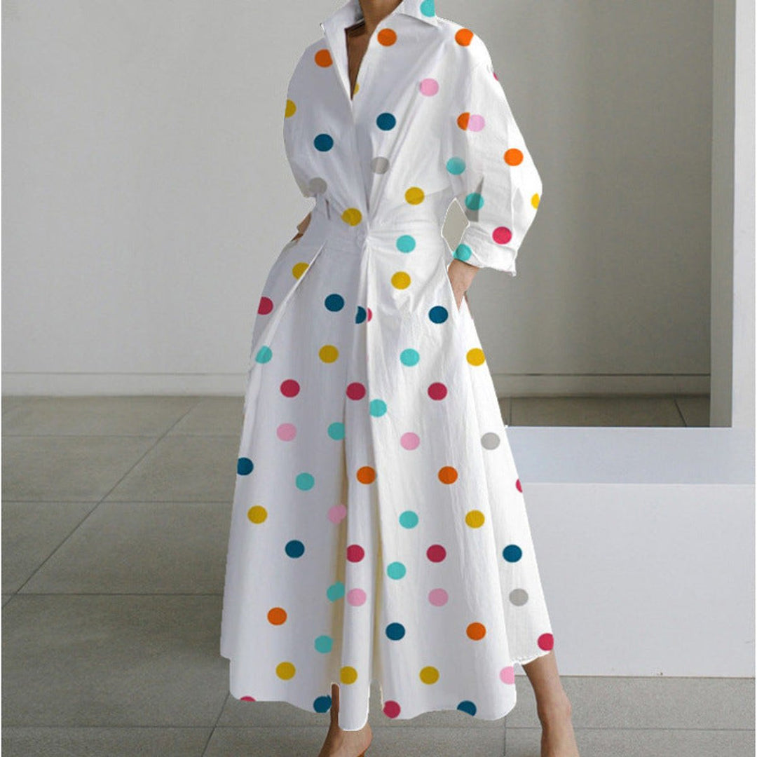 Women's Newspaper Print Collared Wrap Maxi Dress - Rainbow Polka Dot