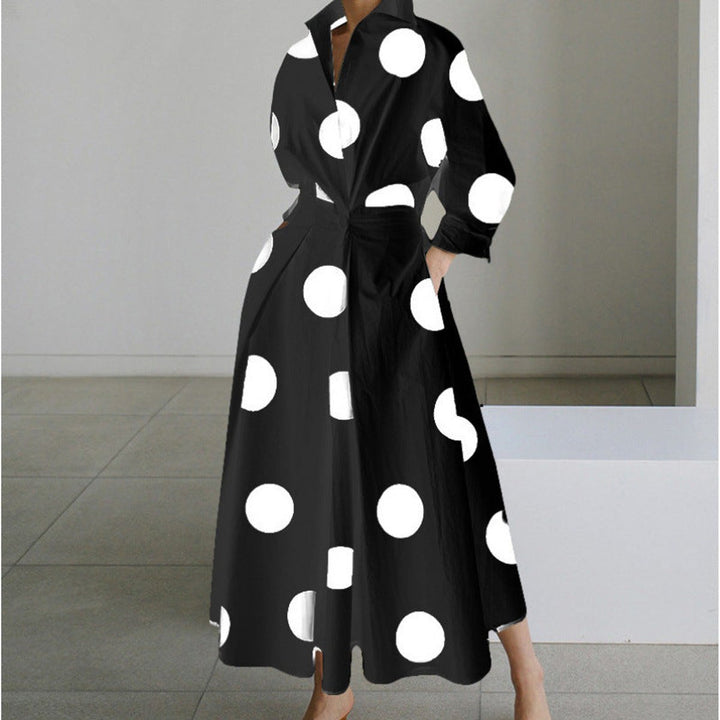 Women's Newspaper Print Collared Wrap Maxi Dress - Black Polka Dot