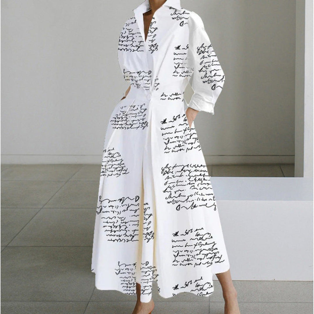 Women's Newspaper Print Collared Wrap Maxi Dress - White Letter Print